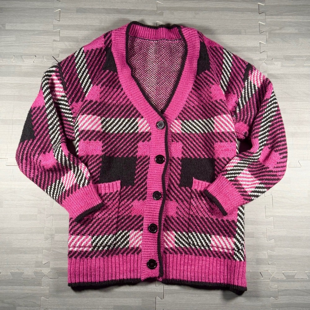 Bloomchic 12L Womens Cardigan Pink Plaid Knit Button Front